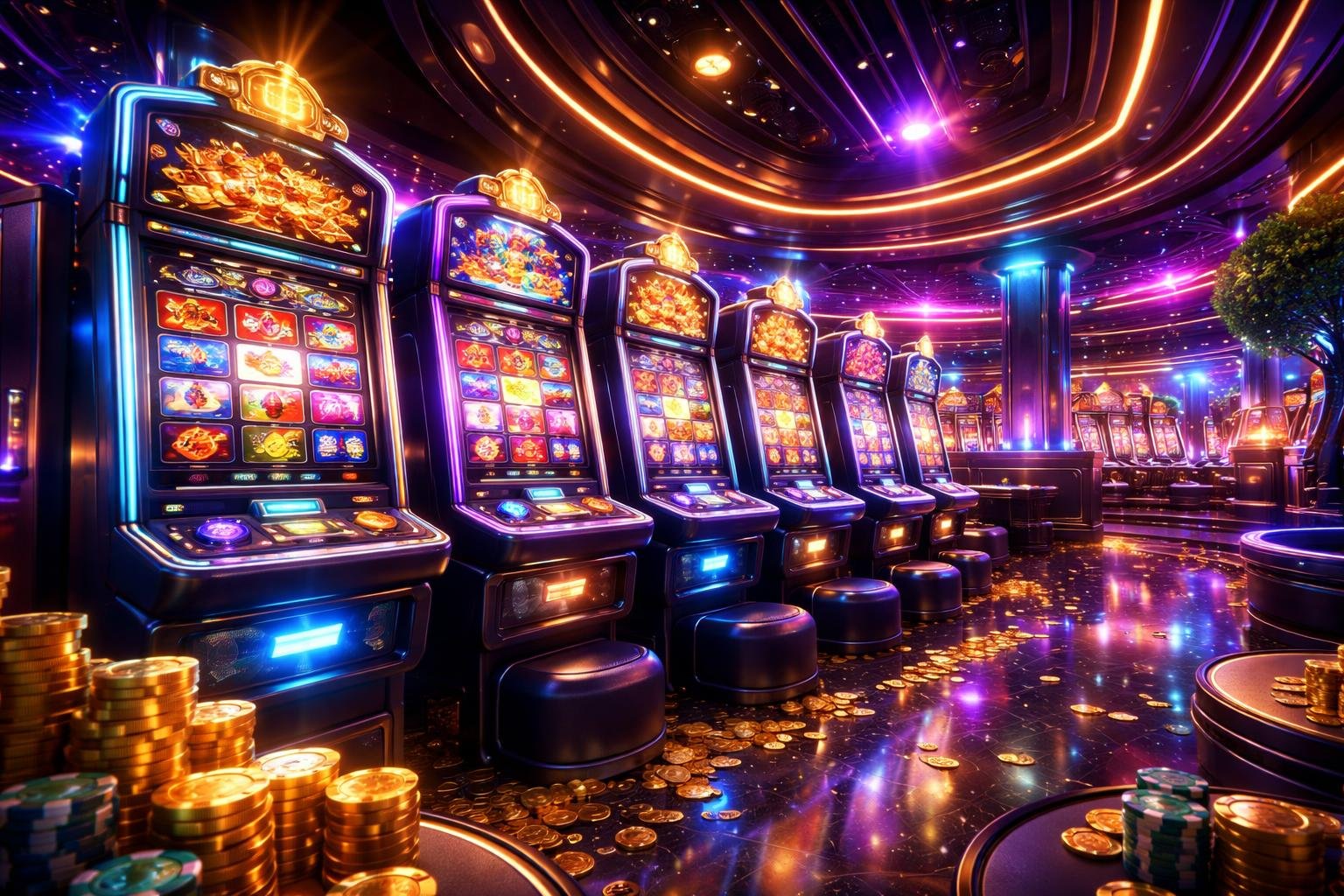 Suasana ruang permainan kasino online dengan mesin slot berwarna-warni dan lampu neon yang menyala, menampilkan suasana yang meriah dan mengundang pemain.