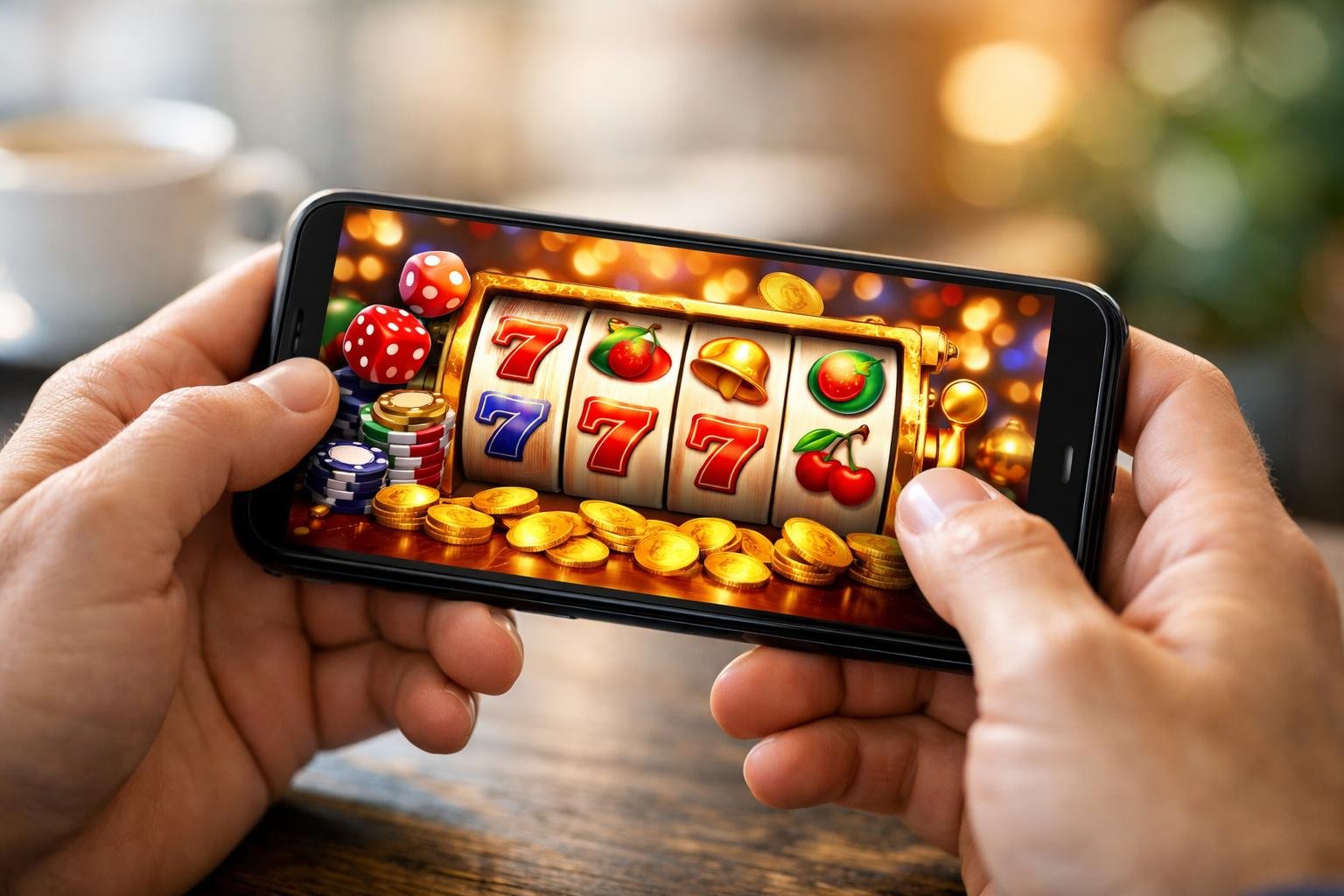 A Person Holding A Smartphone Showing A Colorful Slot Game In A Comfortable Indoor Setting.