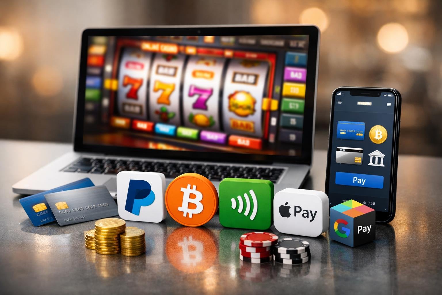 A Laptop Showing An Online Casino Interface Surrounded By Credit Cards, A Smartphone With A Digital Wallet App, And Casino Chips On A Table.