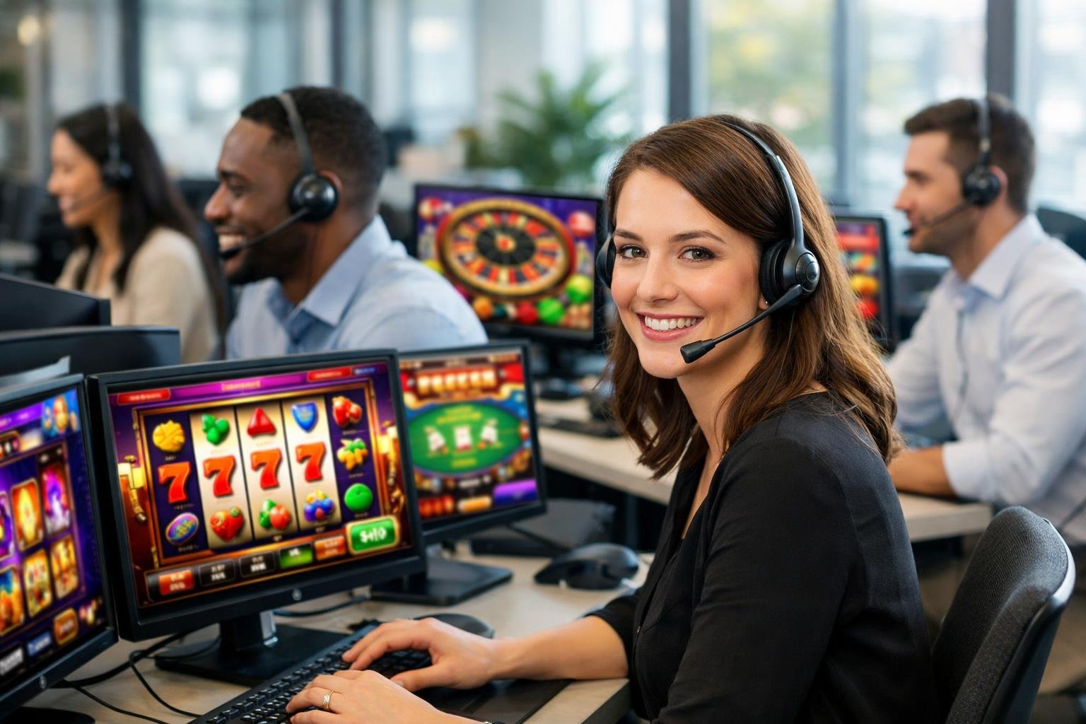Customer Support Agents Wearing Headsets Working At Computers In A Bright Office With Casino Game Screens.