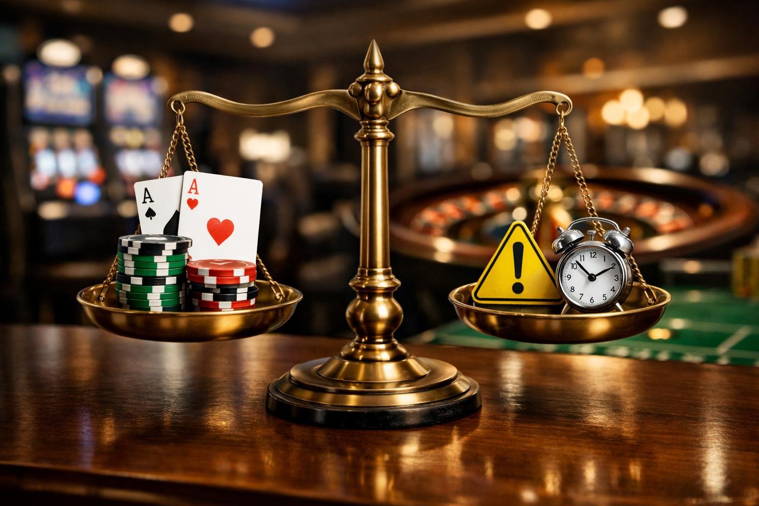 A Balanced Scale On A Wooden Table With Poker Chips And Playing Cards On One Side And A Caution Sign And Small Clock On The Other, Set In A Blurred Casino Environment.