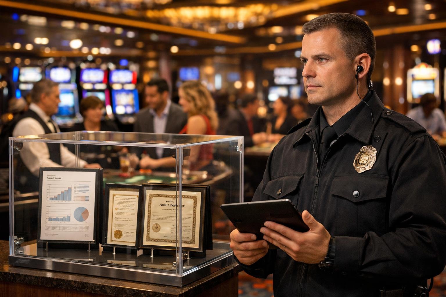 A Casino Floor With Slot Machines, A Security Officer Monitoring The Area, And A Display Case Showing Certified Documents.