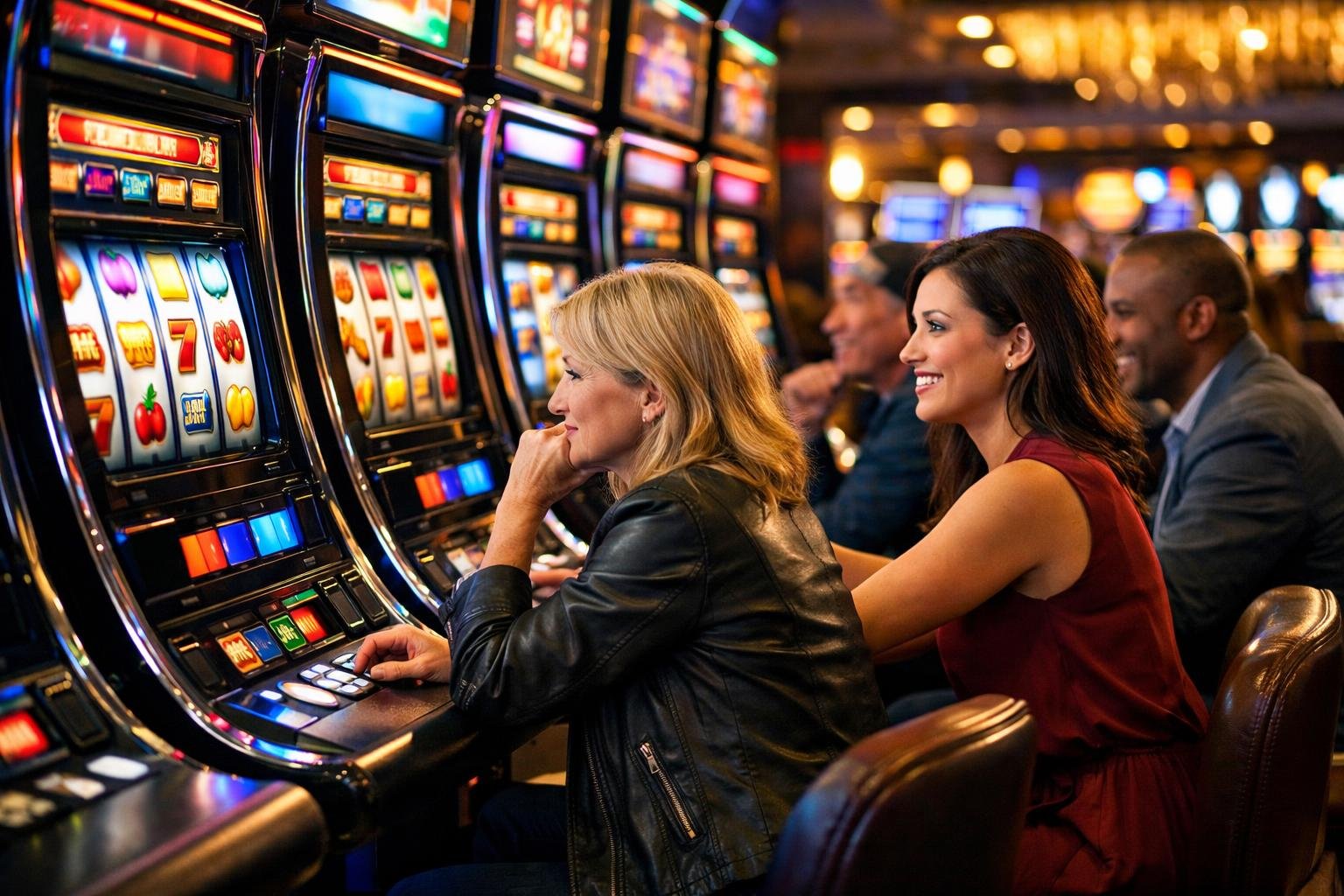 People Playing Slot Machines In A Casino With Colorful Lights And Digital Displays.