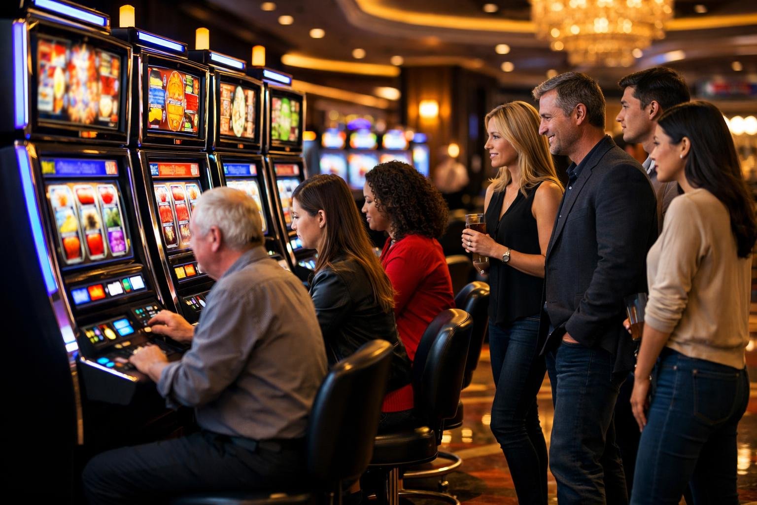People Playing Colorful Slot Machines In A Modern Casino With Ambient Lighting.