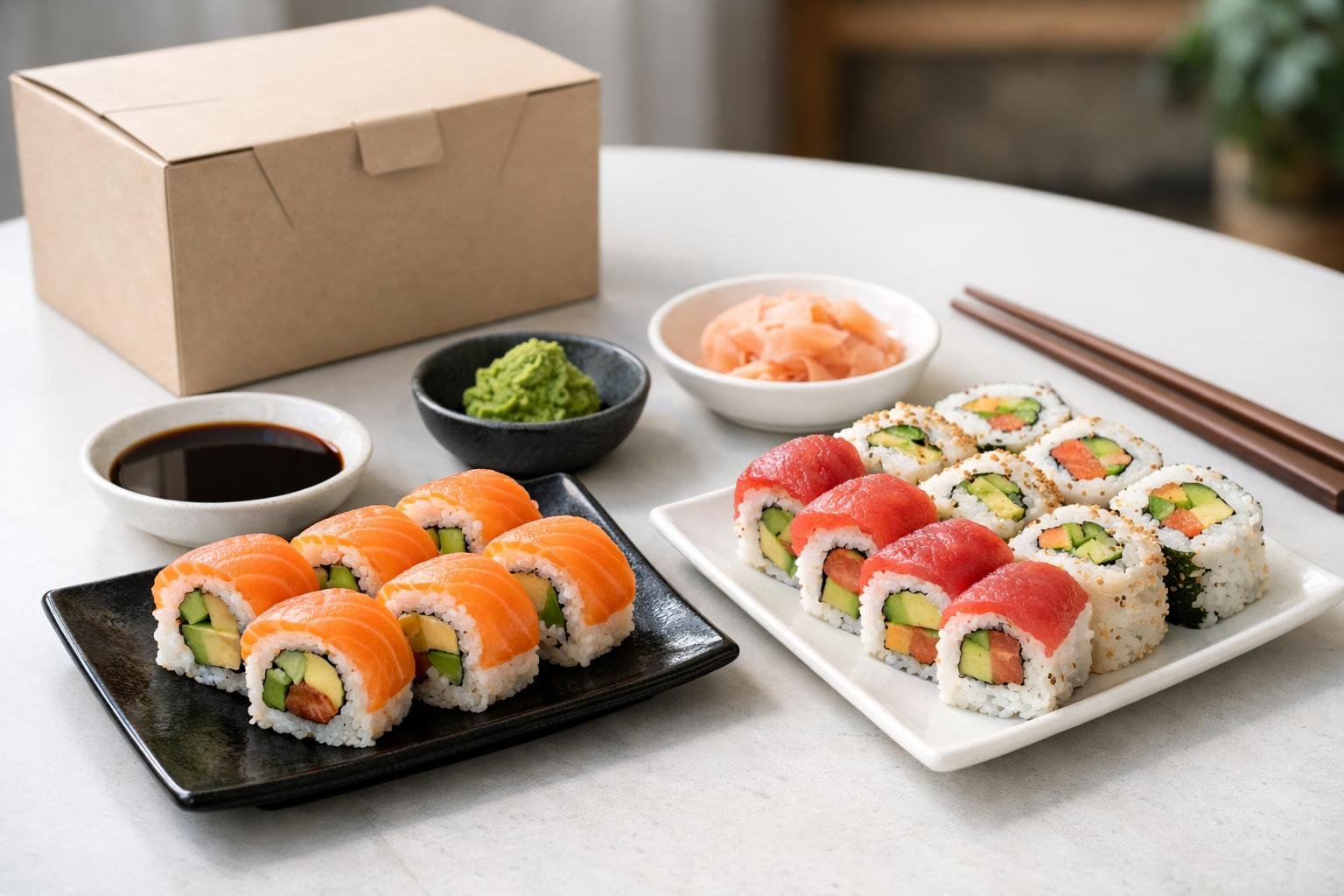 A takeaway meal with assorted sushi rolls, soy sauce, wasabi, and pickled ginger arranged on plates on a table.