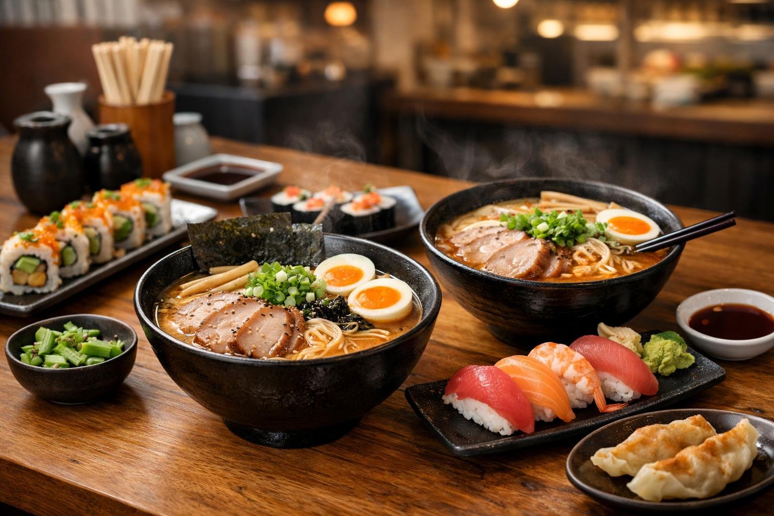 A table with bowls of ramen and plates of sushi, showing a variety of Japanese dishes in a cosy restaurant setting.