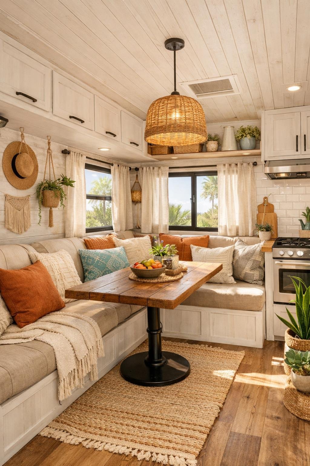 A bright and inviting camper interior featuring wooden furniture, plants, comfortable seating, and natural light coming through large windows.