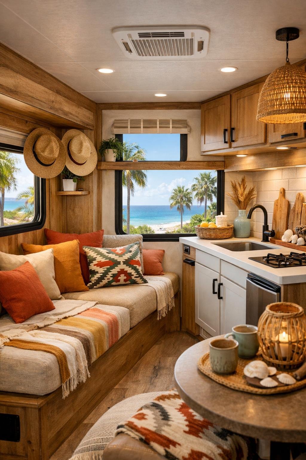 Interior of a camper with wooden finishes, comfortable seating, and large windows showing a coastal view with palm trees and ocean.
