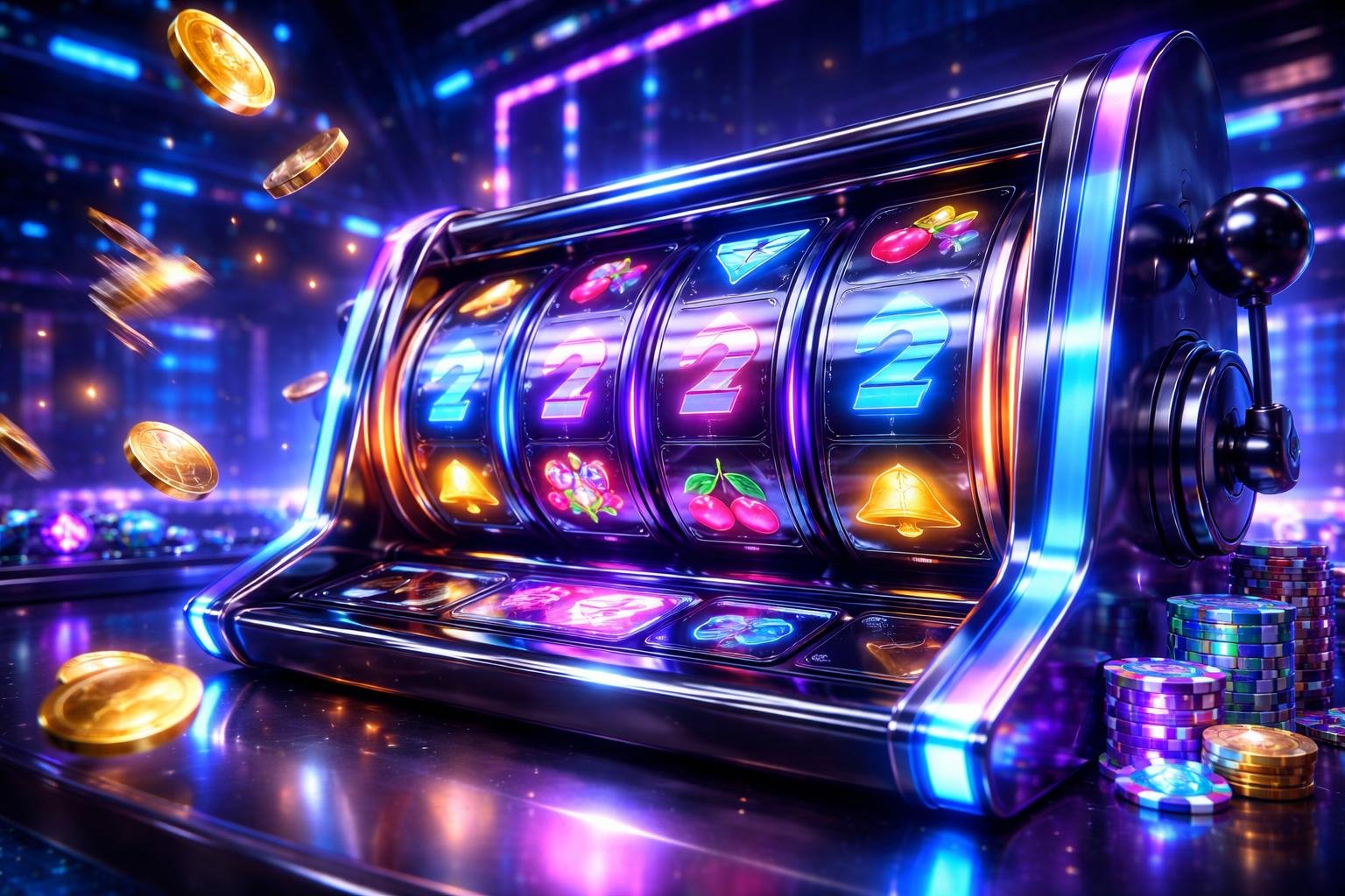 Mesin slot digital futuristik dengan lampu neon dan koin mengambang di lingkungan kasino digital.