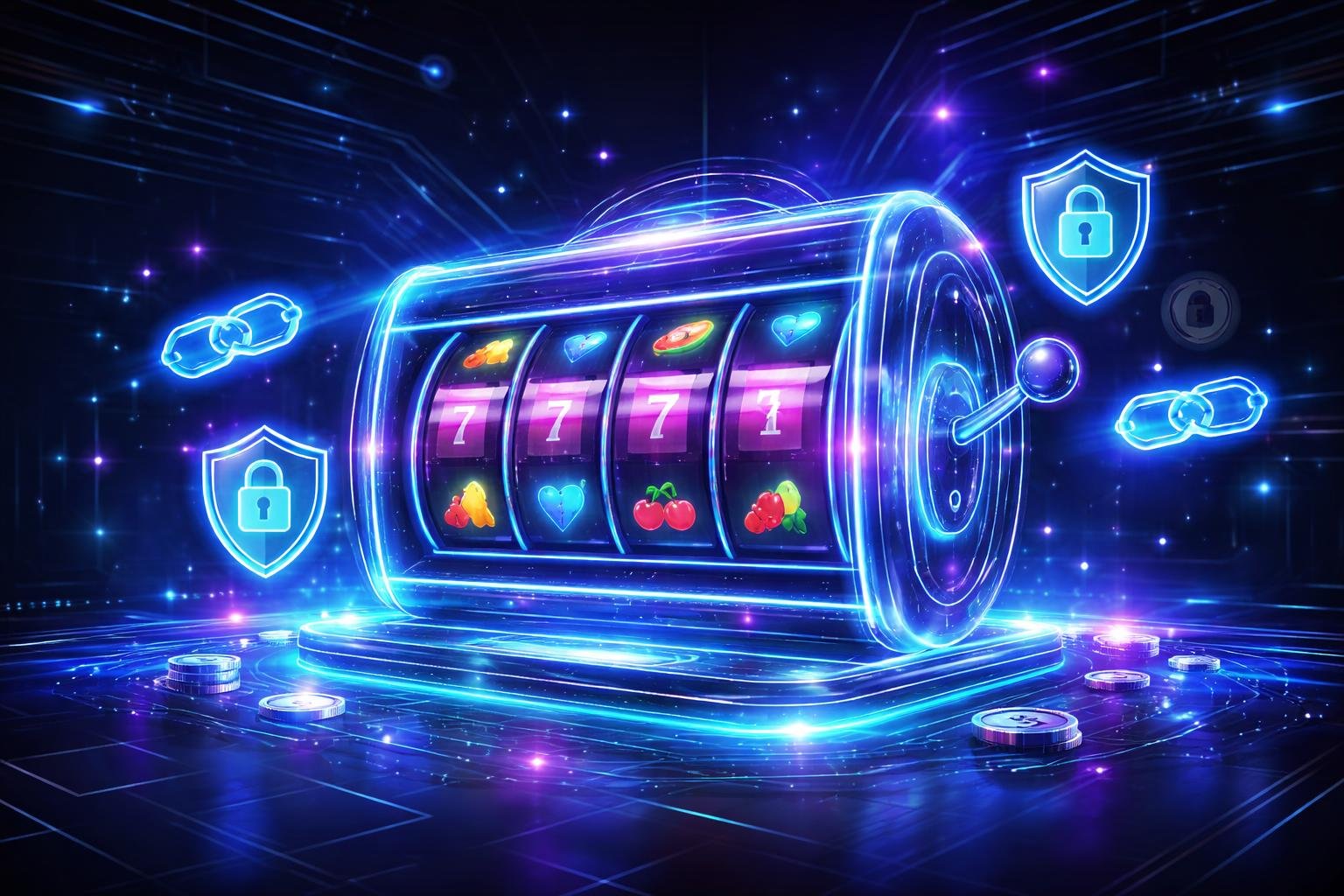 Tampilan mesin slot digital futuristik dengan efek cahaya neon dan latar belakang ruang siber modern.