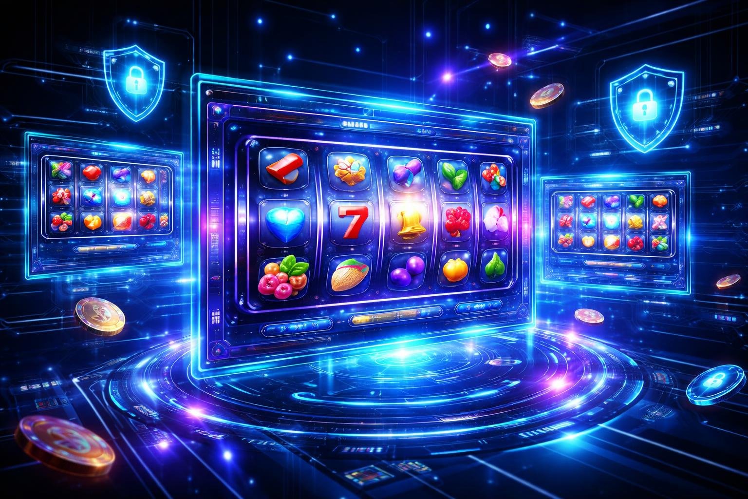Tampilan antarmuka permainan slot online dengan layar holografik dan simbol warna-warni dalam suasana gelap yang futuristik.