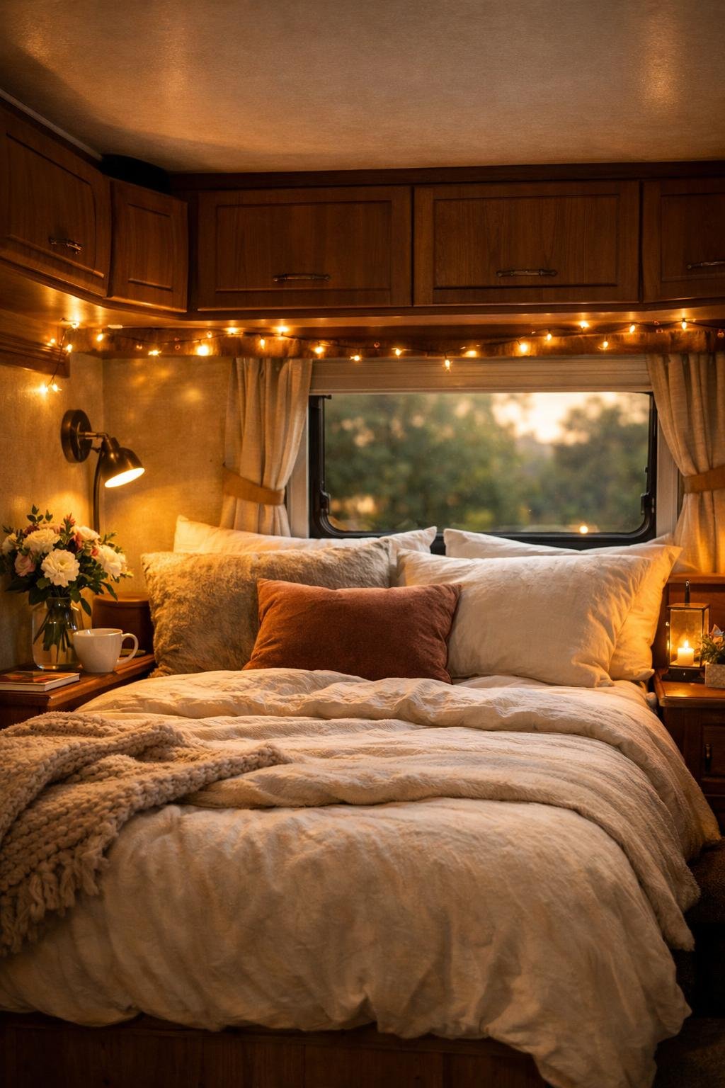 A cozy camper bedroom with a neatly made bed, soft warm lighting, and small decorative touches creating a romantic and inviting atmosphere.