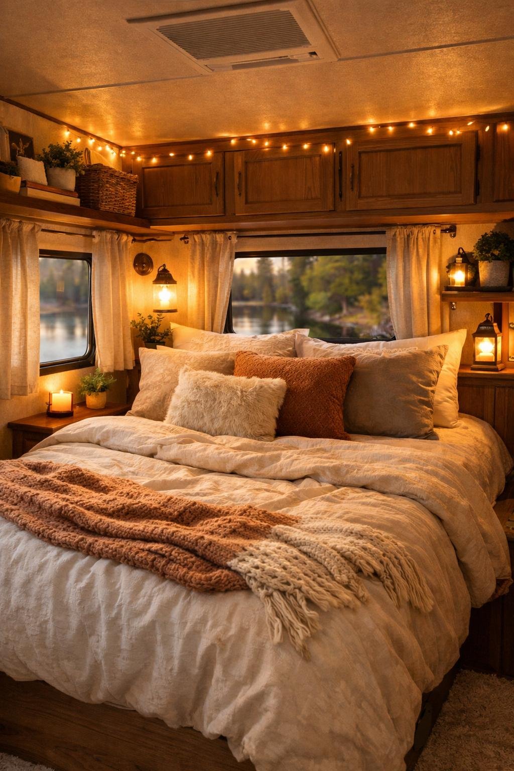 A cozy camper bedroom with a neatly made bed, warm lighting, and natural wood accents, creating a romantic and comfortable atmosphere.