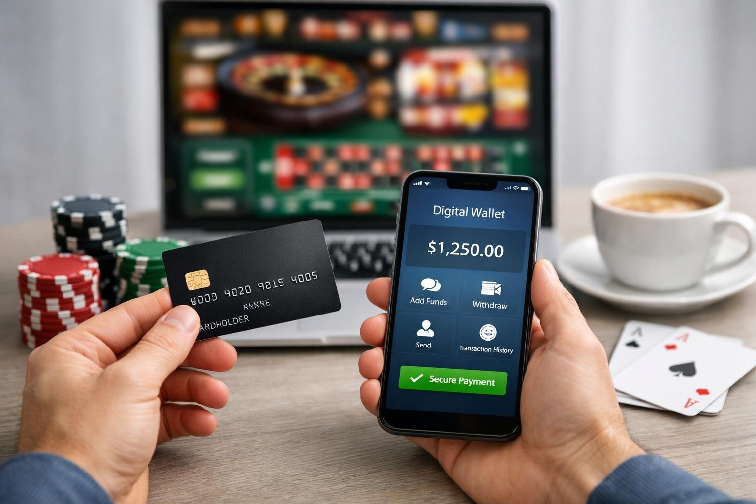 Hands Holding A Credit Card Near A Smartphone With A Digital Wallet App, Laptop With Casino Game Blurred In The Background, And Casino Chips On A Desk.