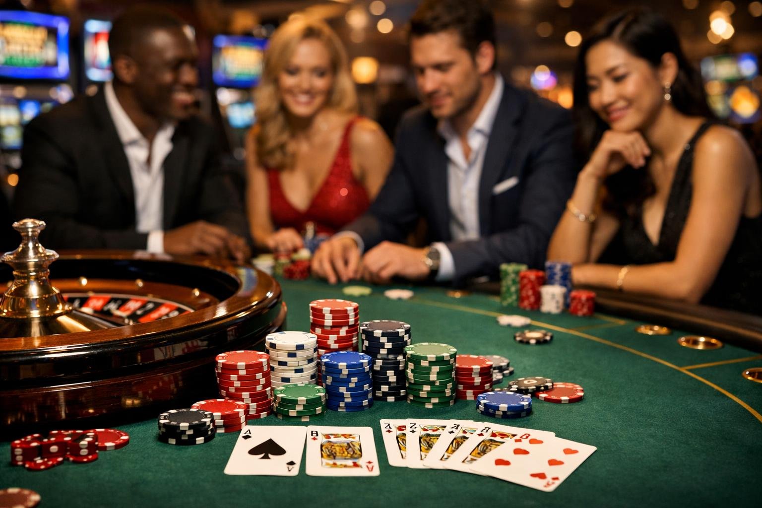 A Casino Gaming Table With Poker Chips, Playing Cards, And A Roulette Wheel Surrounded By People Playing Games.
