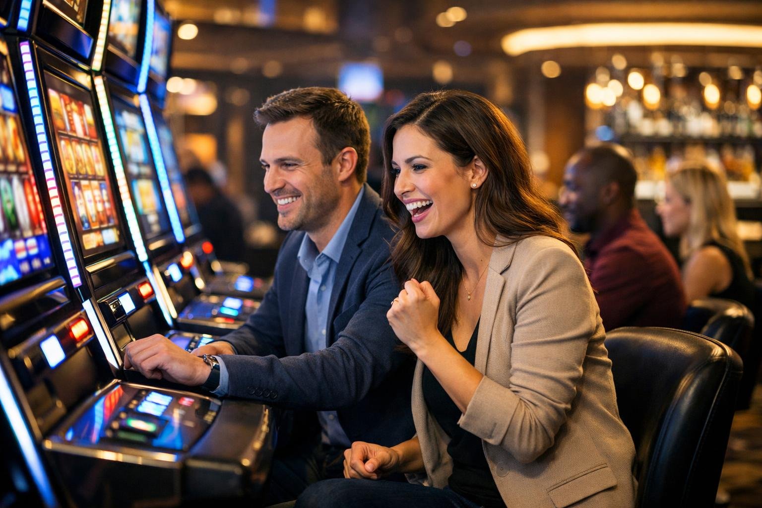 People Playing Slot Machines In A Modern Casino With Colorful Lights And A Stylish Interior.