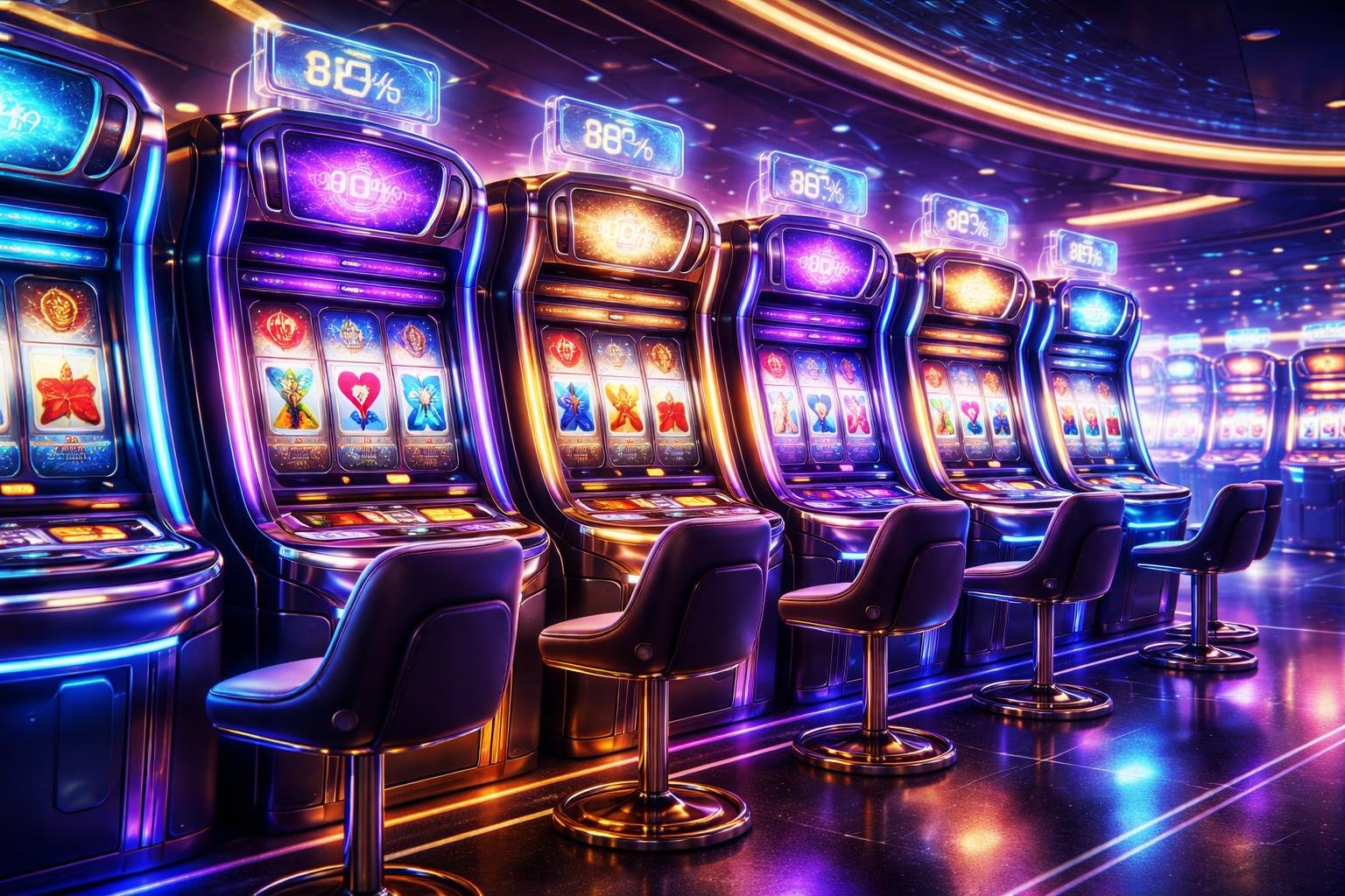 Area permainan slot modern dengan mesin slot bercahaya dan suasana kasino yang hidup dan futuristik.