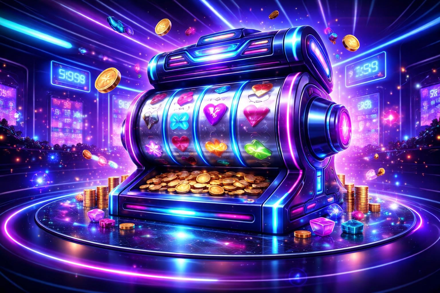 Sebuah mesin slot futuristik dengan lampu neon berwarna biru dan ungu di ruang kasino digital yang penuh energi dan efek partikel berkilauan.