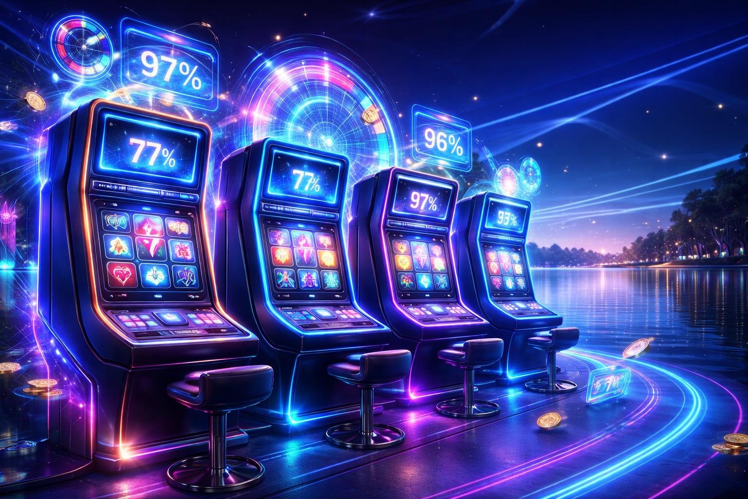 Pemandangan mesin slot modern dengan lampu neon dan panel data mengambang di latar belakang yang menampilkan permukaan air dan refleksi cahaya.