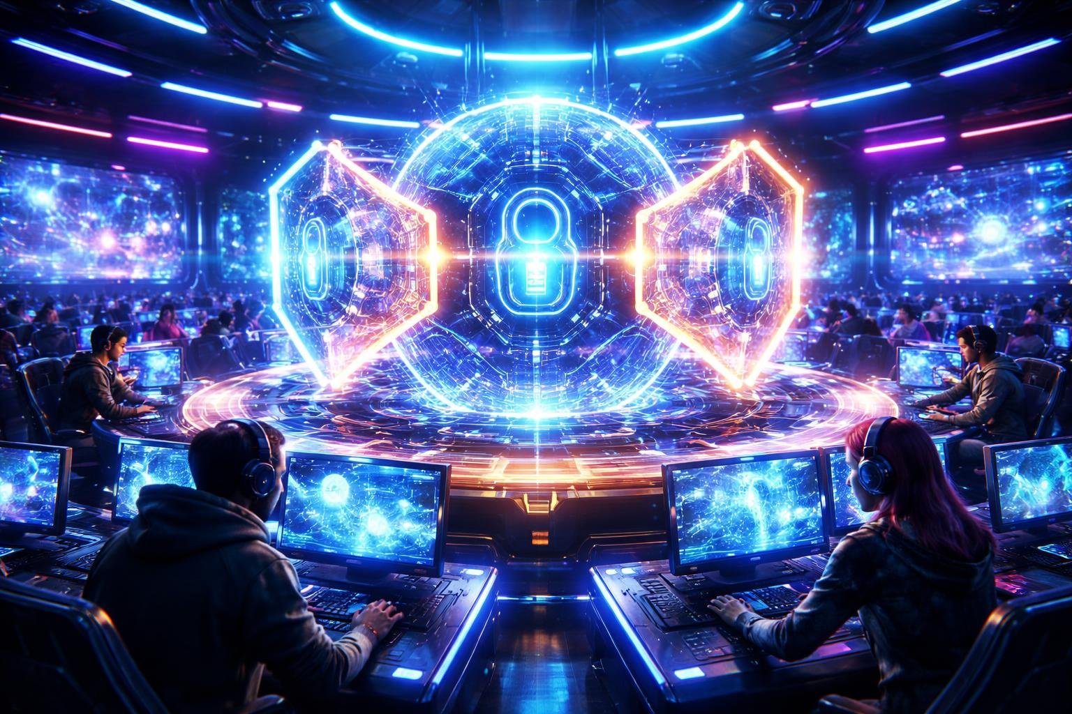Arena permainan futuristik dengan pemain yang sedang bermain di sekitar pusat permainan yang terlindungi oleh perisai energi dan sistem keamanan digital.