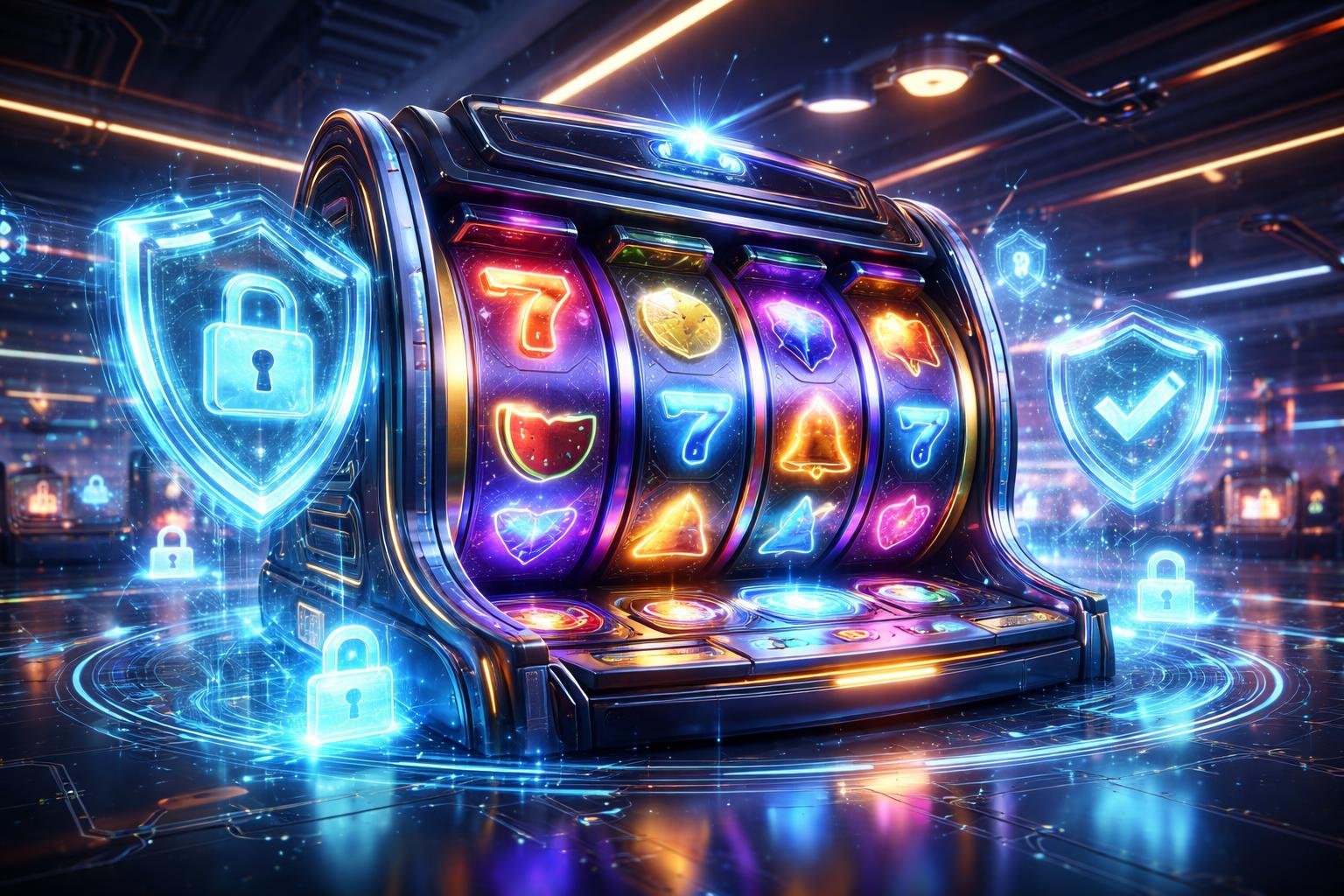 Sebuah mesin slot futuristik di dalam kasino modern dengan simbol berputar dan ikon keamanan yang menandakan sistem anti gangguan.