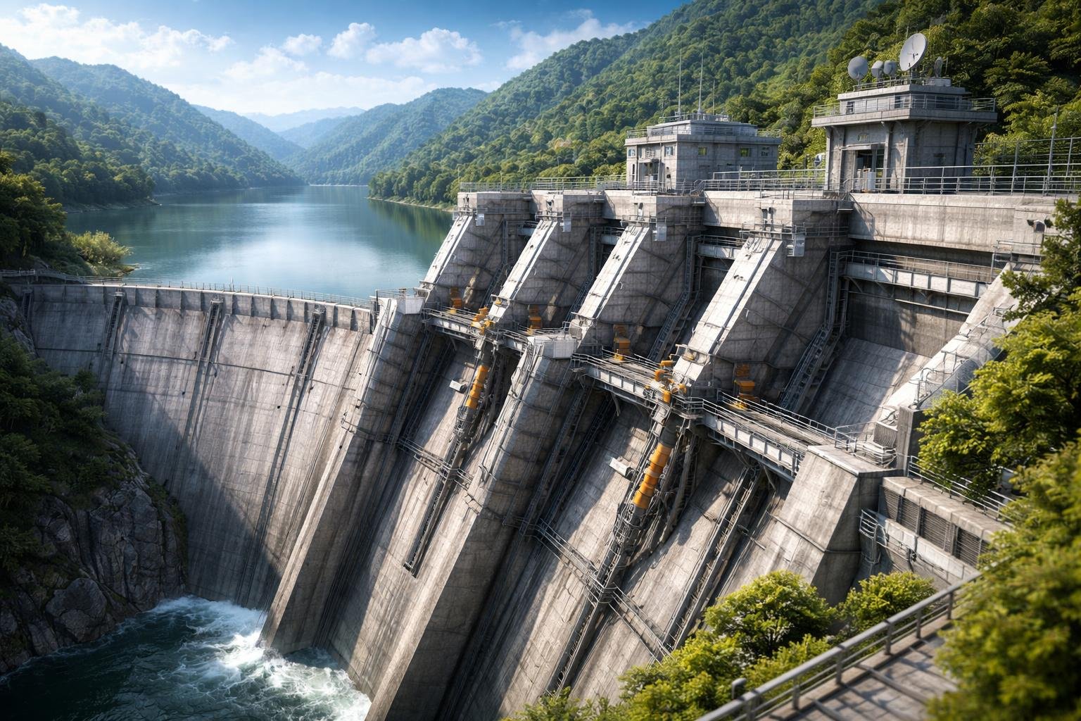 Pemandangan bendungan besar dengan sistem pengaman canggih yang terlihat kuat dan stabil, dikelilingi oleh perbukitan hijau dan air waduk yang tenang.