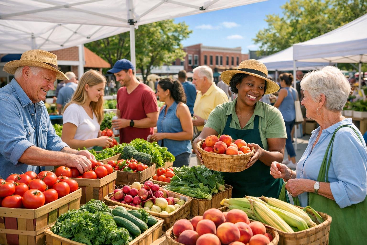 People shopping and vendors selling fresh fruits and vegetables at a busy farmers market in a small town outdoors.