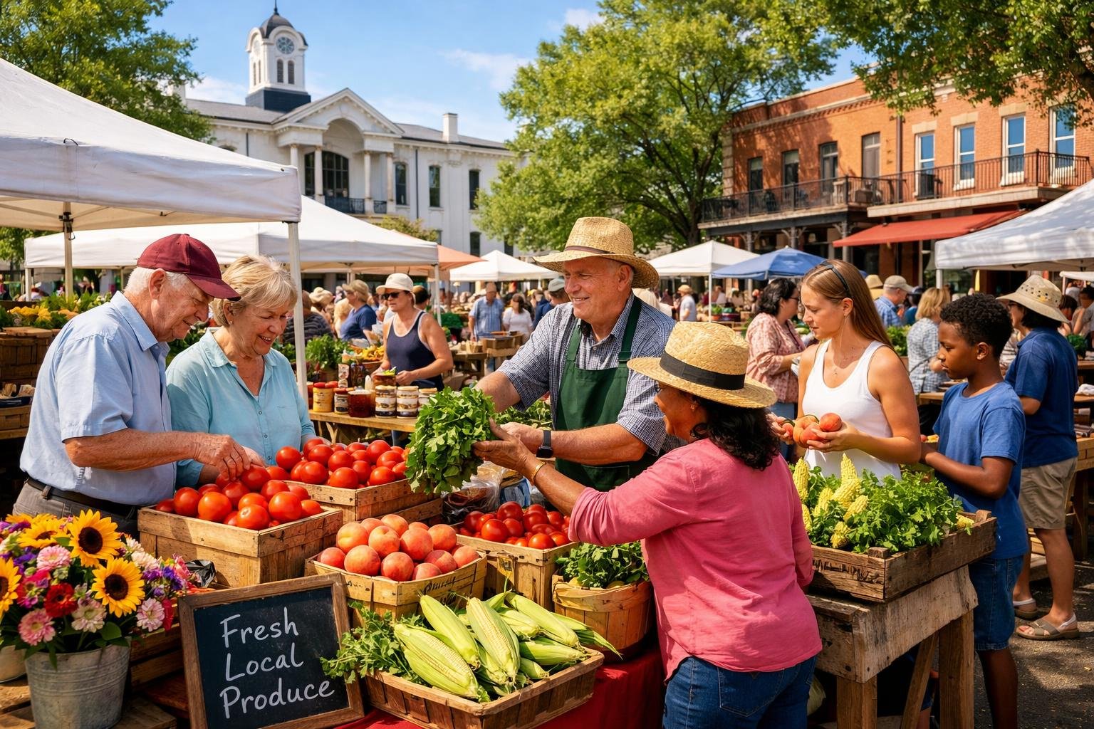 People shopping at an outdoor farmers market with fresh fruits and vegetables displayed on tables and vendors interacting with customers.