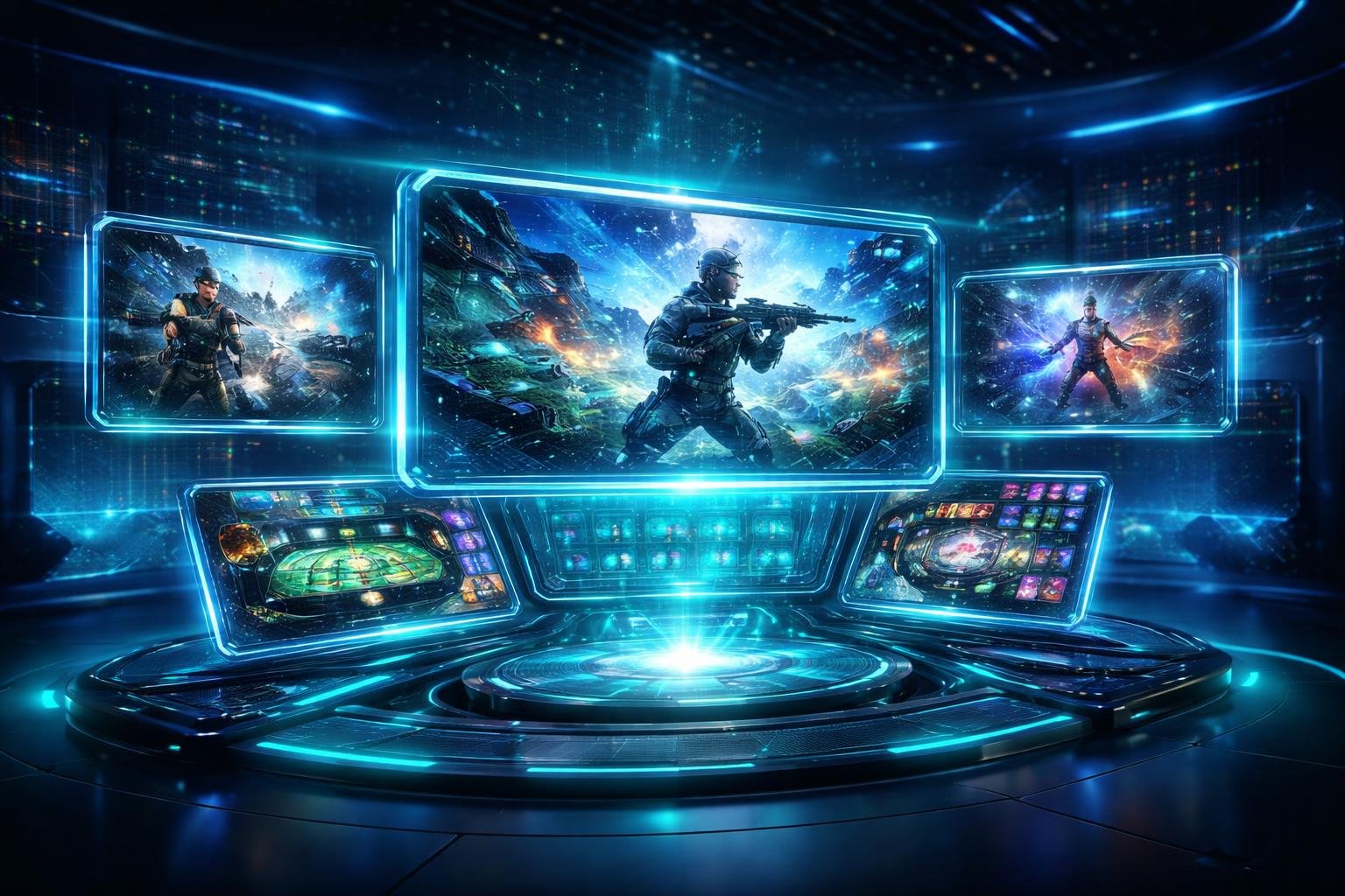 Ruang permainan futuristik dengan layar holografik dan cahaya neon yang menunjukkan teknologi game online yang stabil dan canggih.