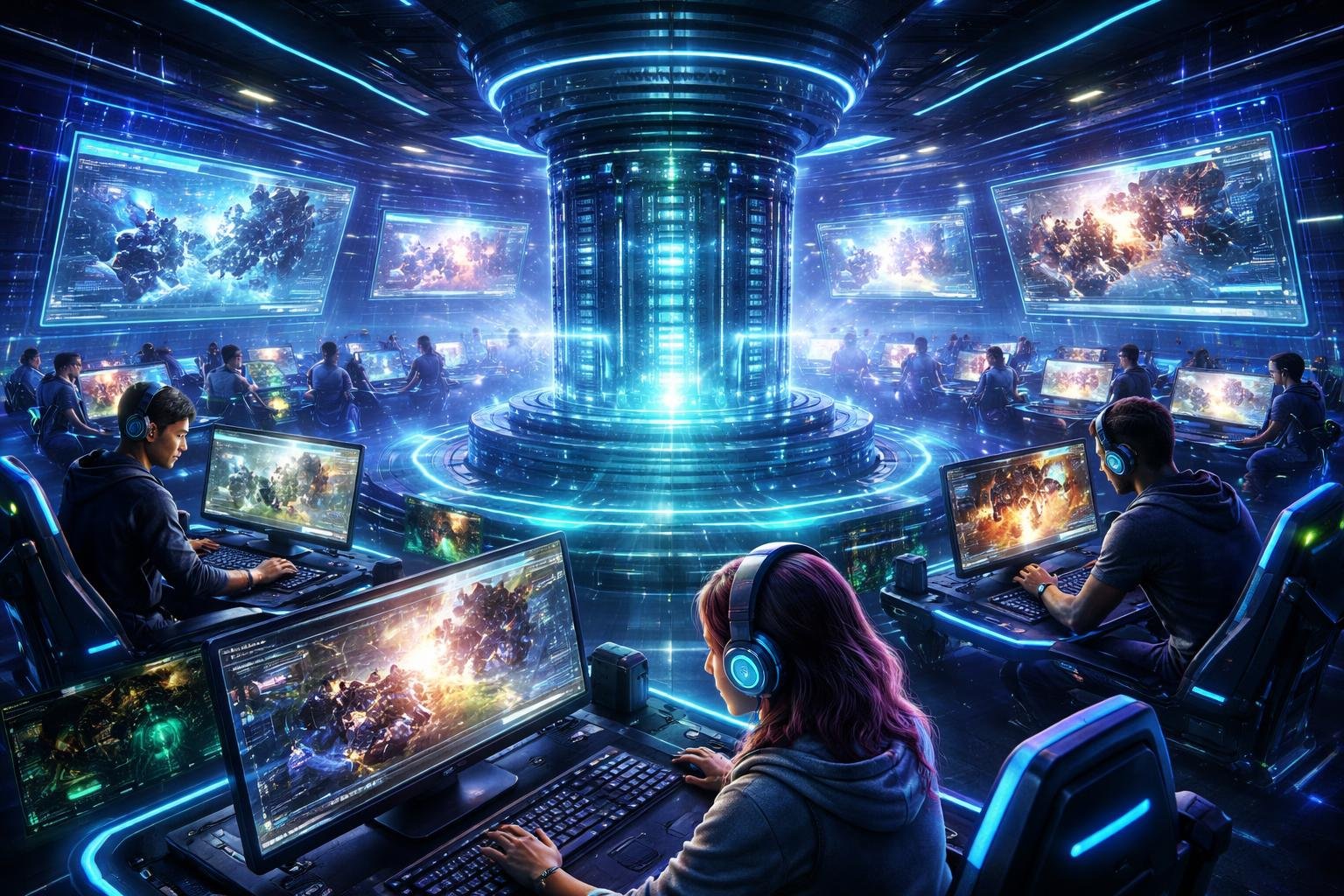 Adegan ruang permainan online futuristik dengan pemain yang asyik bermain di sekitar inti server bercahaya yang menunjukkan teknologi dan stabilitas tinggi.