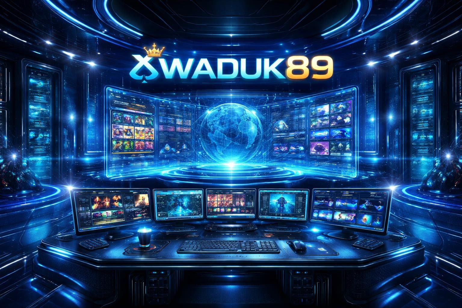 Pusat teknologi game online modern dengan layar holografik dan peralatan canggih yang menggambarkan stabilitas dan inovasi.