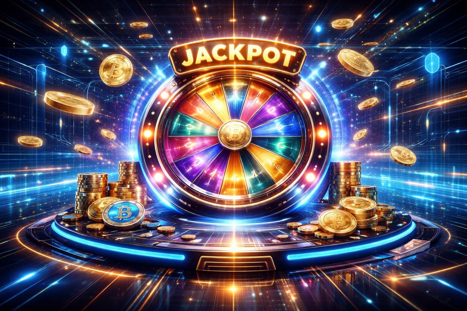 Sebuah platform digital futuristik dengan roda jackpot berputar dan elemen holografik seperti koin dan token di ruang virtual yang bercahaya.
