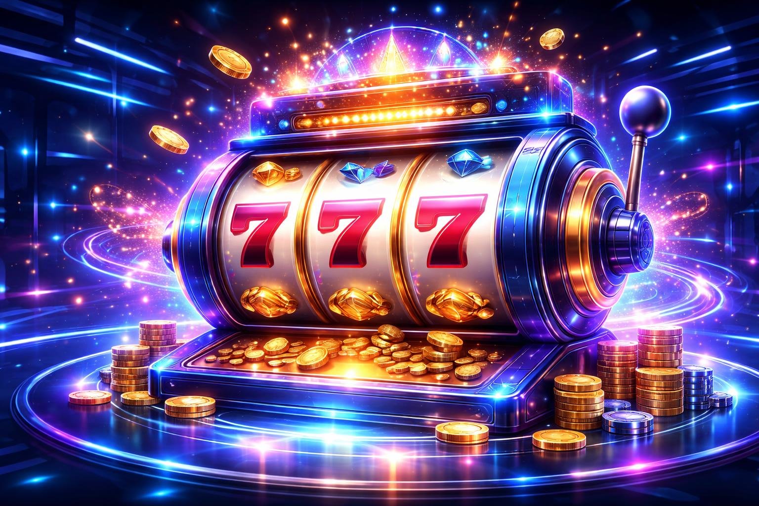 Gambaran mesin slot digital futuristik dengan simbol jackpot dan efek cahaya di latar kasino digital.