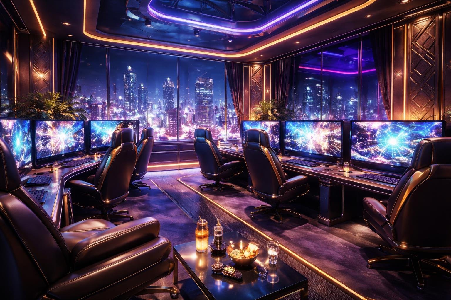Ruangan mewah dengan kursi nyaman dan stasiun permainan berteknologi tinggi, diterangi lampu neon biru dan ungu, dengan pemandangan kota malam di jendela besar.