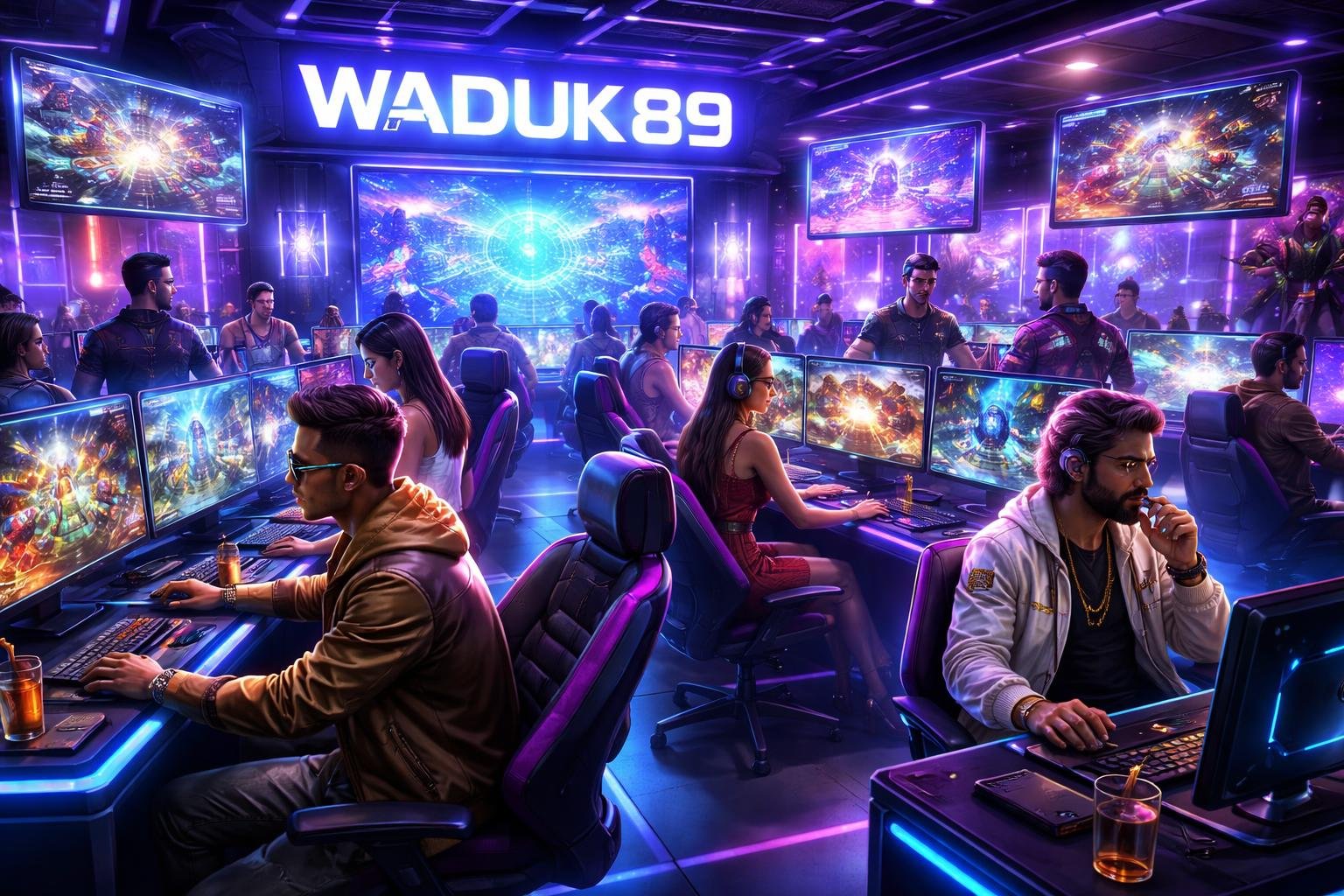 Suasana ruang permainan modern dengan beberapa orang bermain game online menggunakan komputer dan layar holografik di sebuah tempat bernama WADUK89.