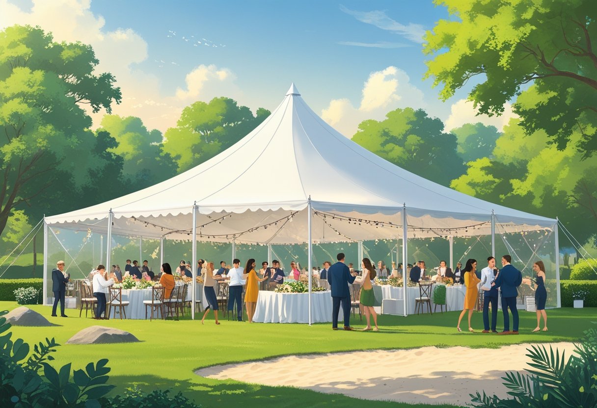 Outdoor event with a large white tent where people are dining and socializing, set between a green park and a beach.
