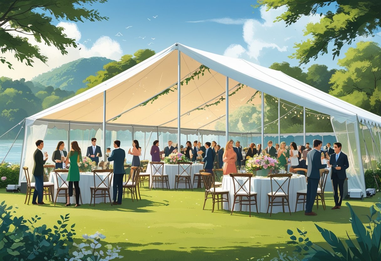 An outdoor event set up under a large white tent in a park with people socializing and enjoying the celebration.