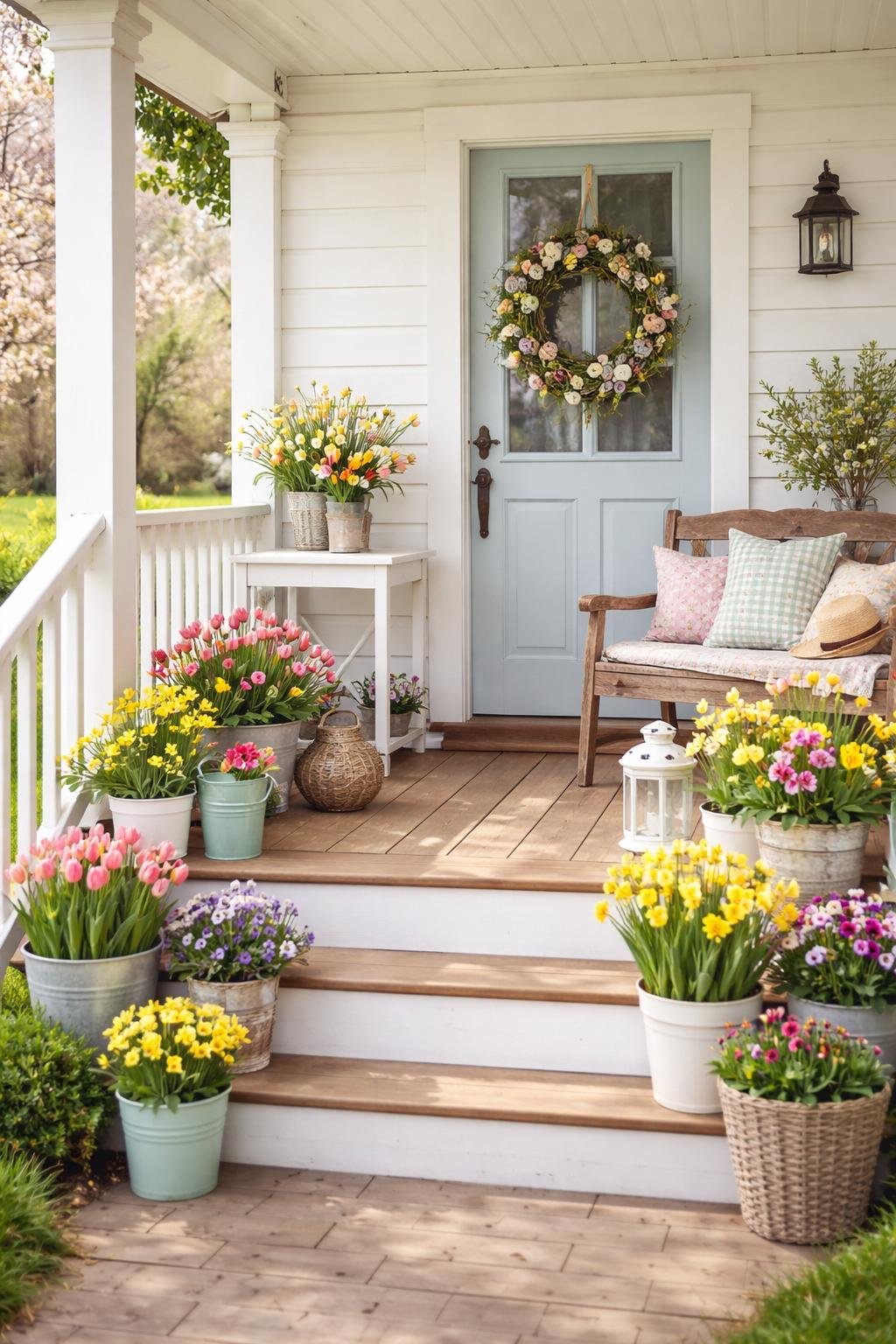 A front porch decorated with colorful spring flowers, handmade wreaths, a wooden bench with cushions, and a small table with flower-filled jars.