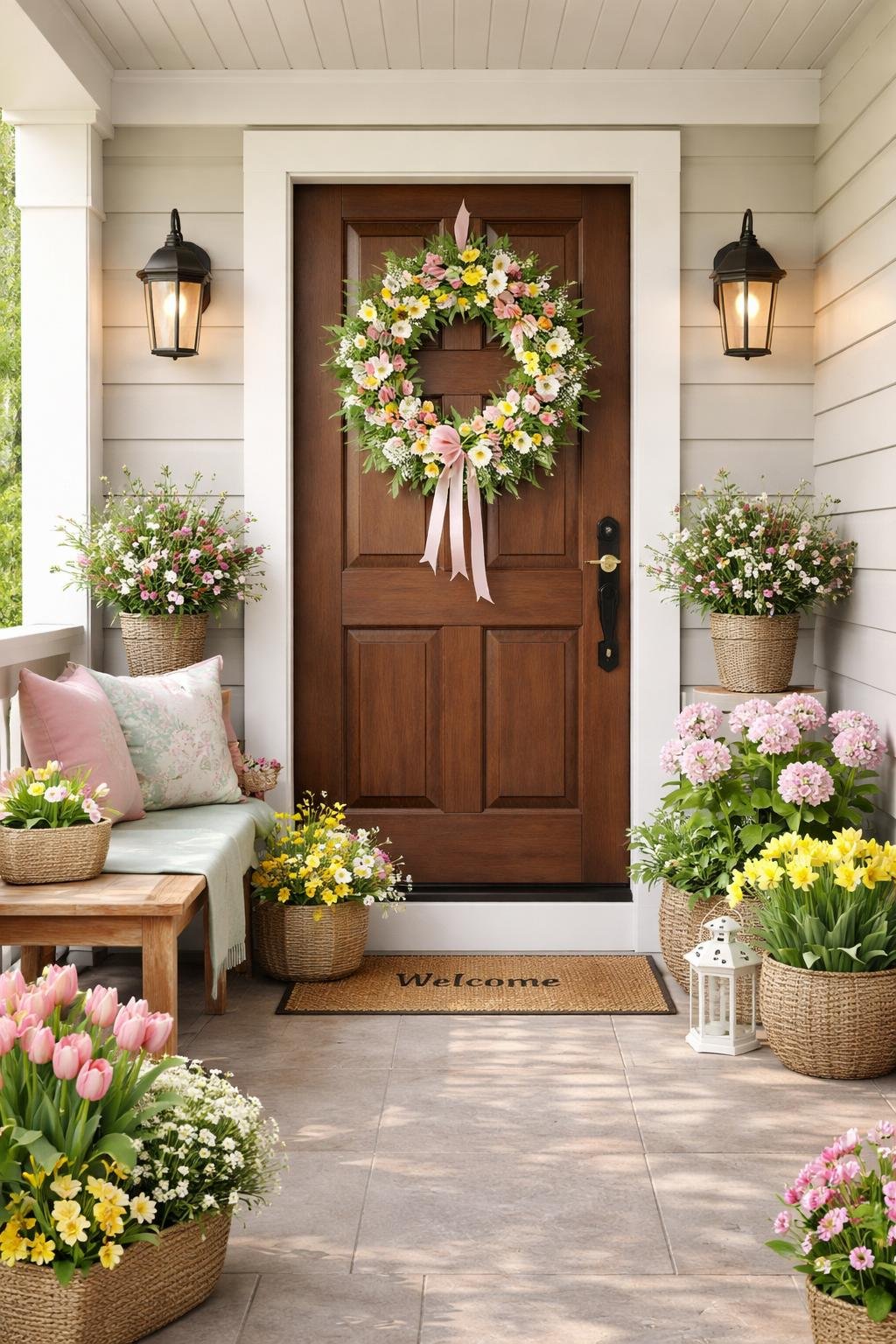Front porch with a wooden door decorated with a spring wreath, potted flowers, and a small bench.
