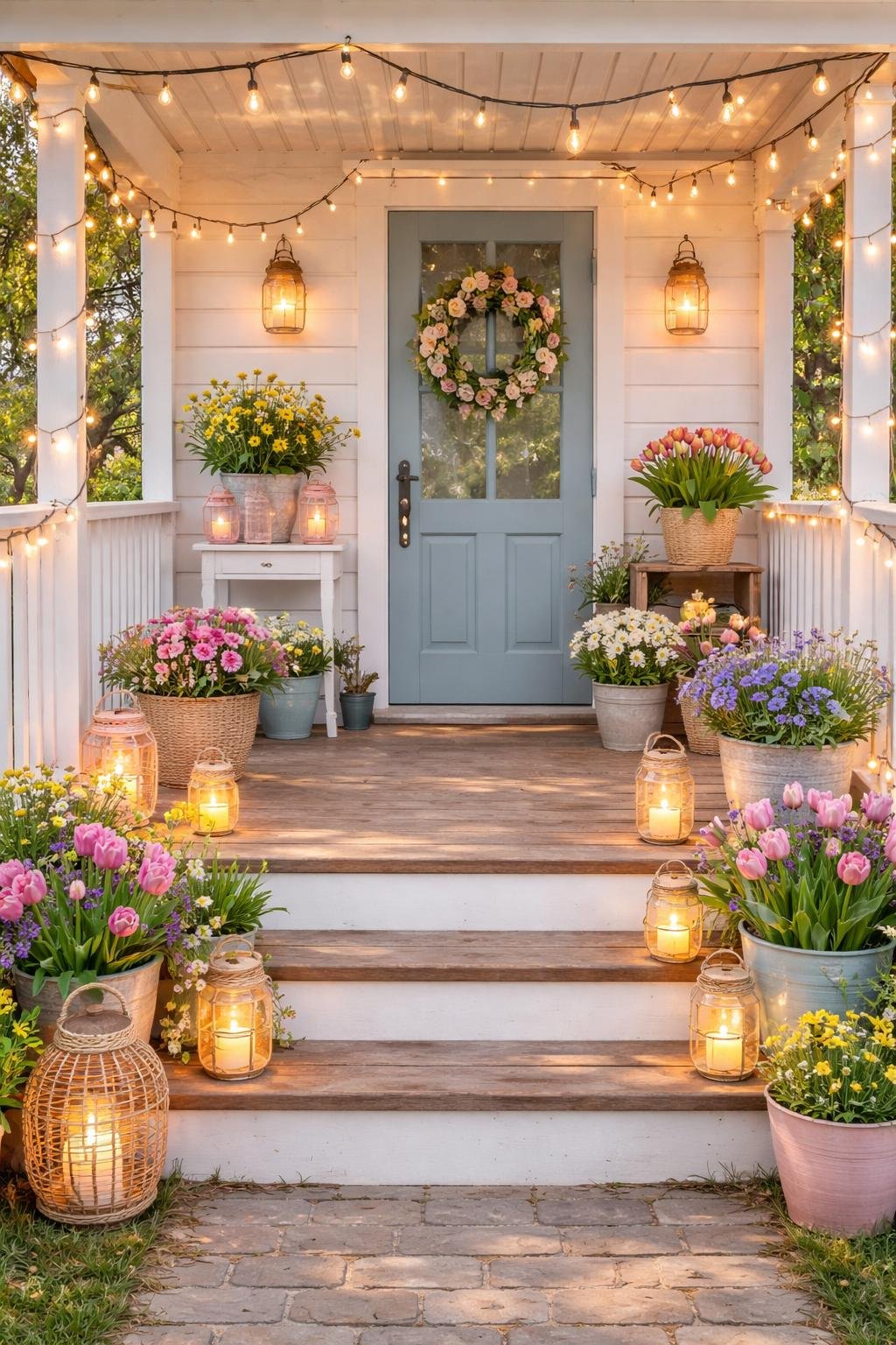A front porch decorated with homemade string lights, mason jar lanterns, and spring flowers on a sunny day.