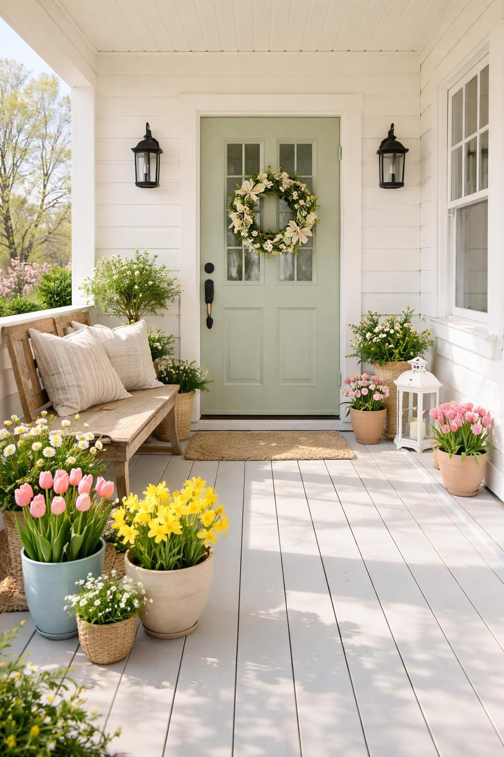 A front porch decorated with potted spring flowers, a wooden bench with cushions, and a wreath on the door in natural daylight.