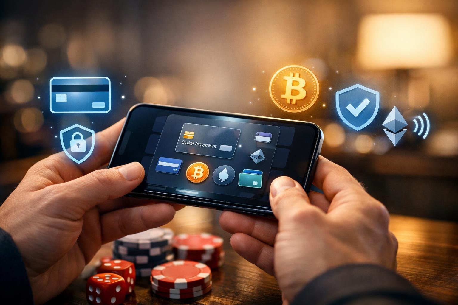 Hands Holding A Smartphone Showing Digital Payment Icons With Floating Holographic Symbols Representing Various Payment Methods.
