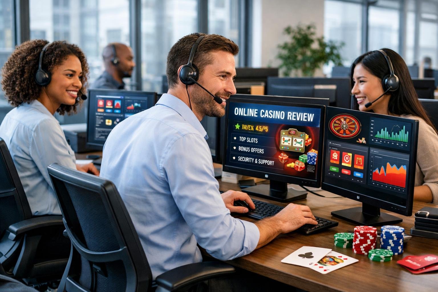 Customer Support Agents Wearing Headsets Working At Computers In A Bright Office With Gaming Elements On Desks.
