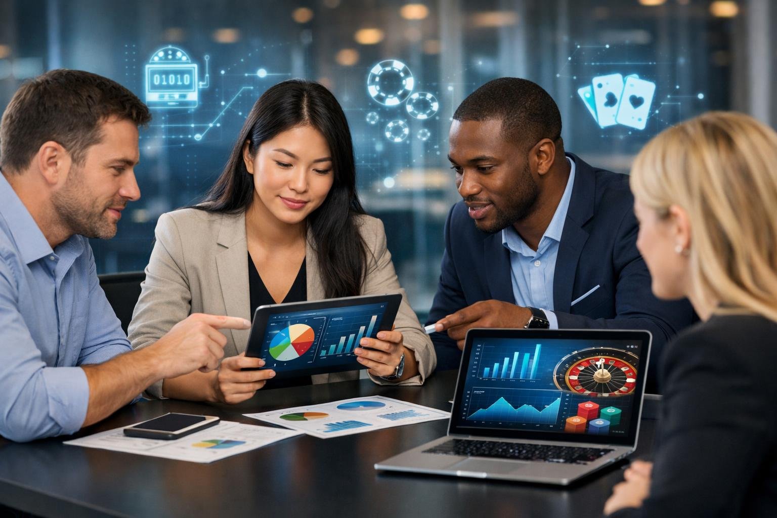 A Group Of Professionals Discussing Data Around A Table With Laptops And Digital Charts In A Modern Office.