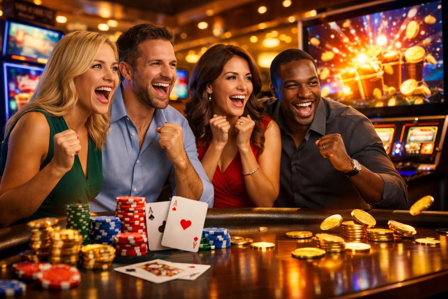 A Lively Casino Scene With People Celebrating Near Slot Machines And Gaming Tables With Poker Chips And Playing Cards.