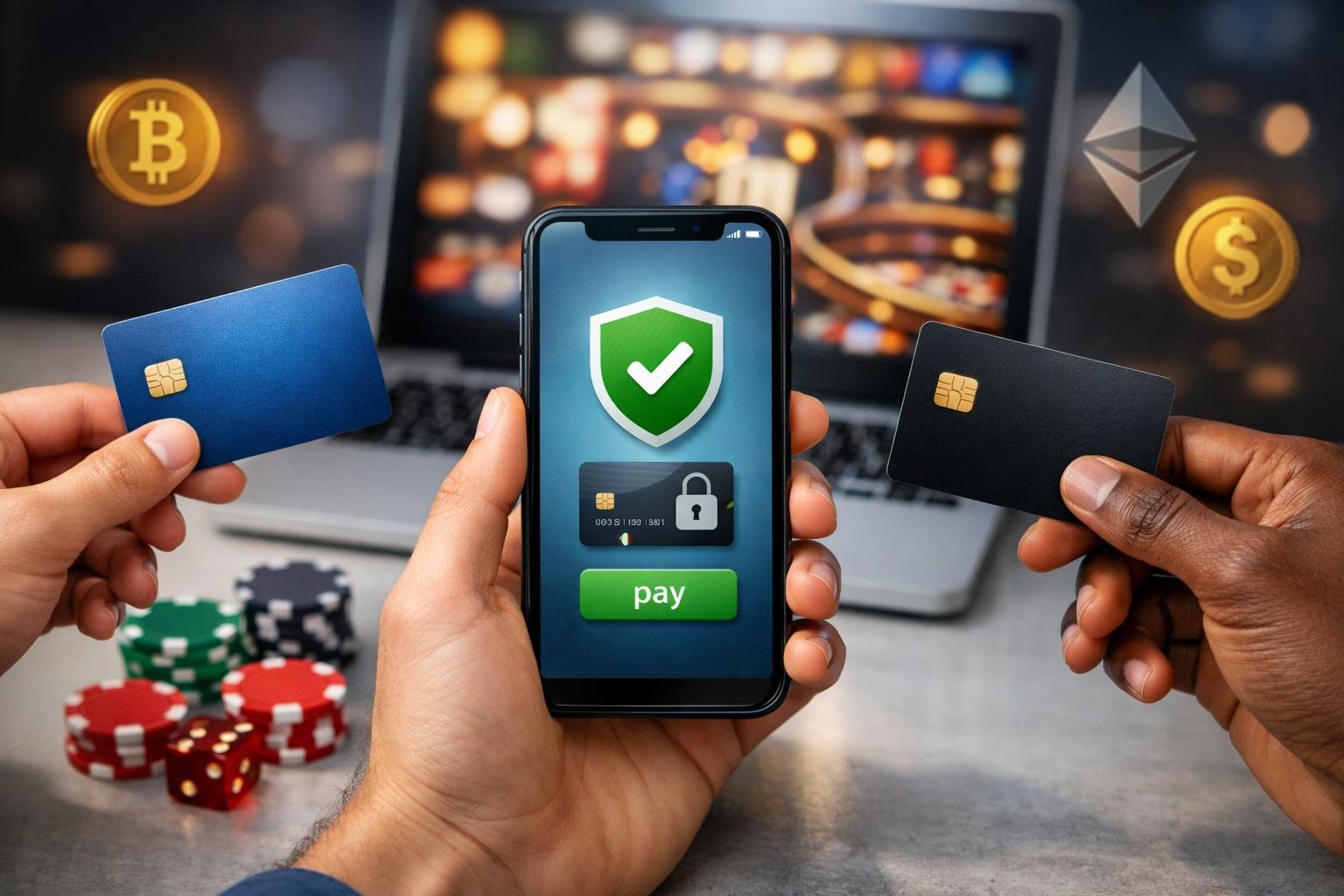 Hands Holding Credit Cards And A Smartphone With Digital Payment Icons Near Poker Chips And A Laptop.