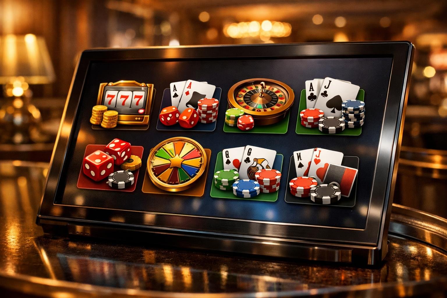 A Digital Touchscreen Display Showing Various Casino Game Icons In A Luxurious Casino Environment.