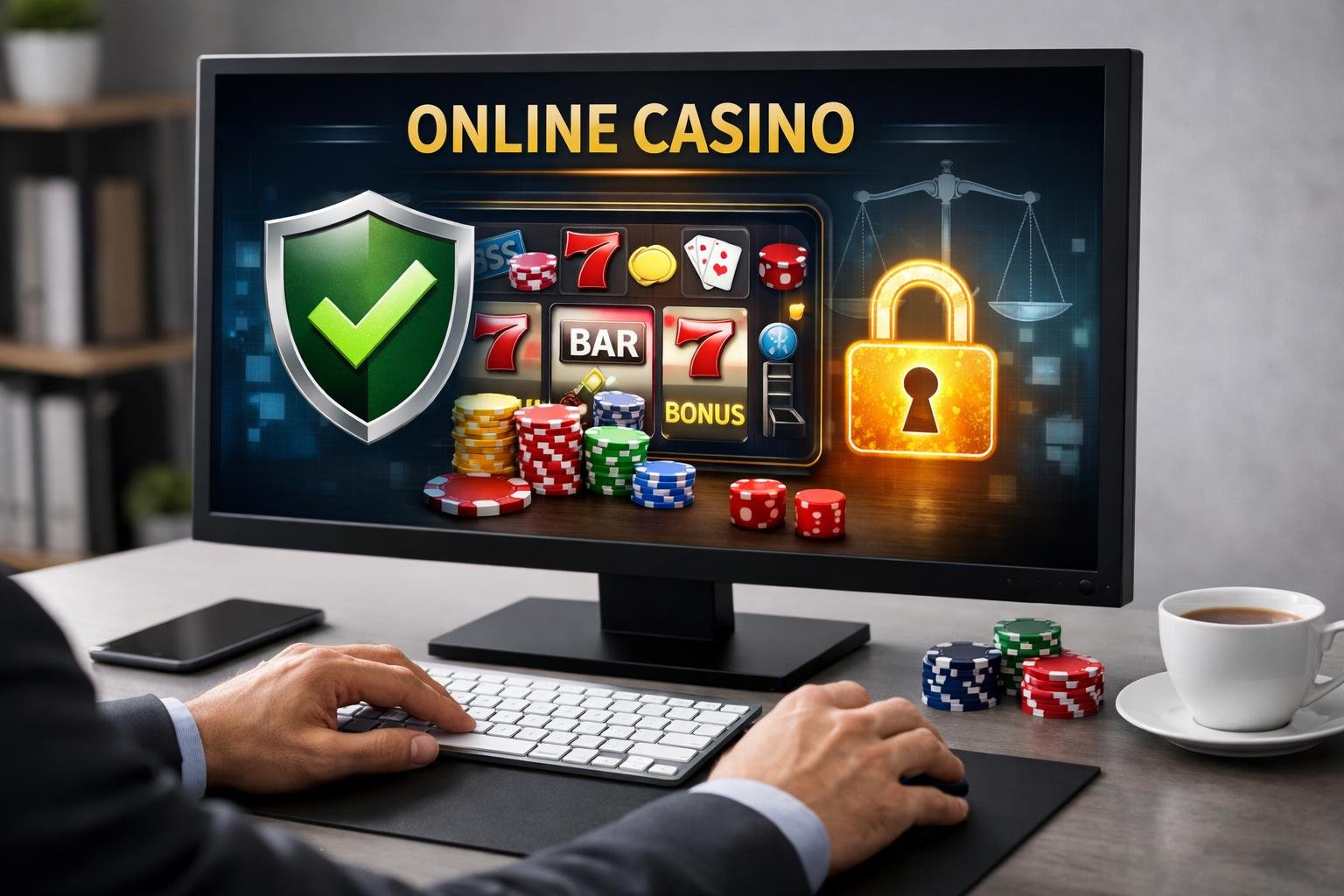 A Person Interacting With A Secure Online Casino Interface On A Computer Screen, With Symbols Representing Security And Fairness Visible.