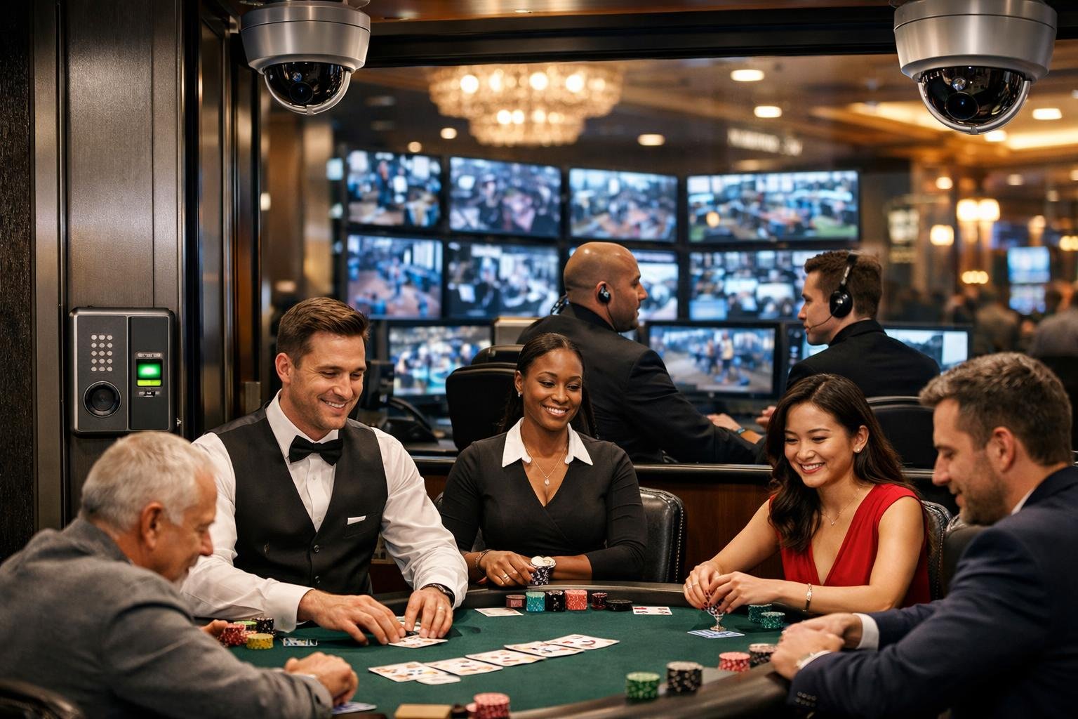 A Modern Casino Scene Showing Security Personnel Monitoring Screens And Players Engaging In A Fair Game At A Poker Table.
