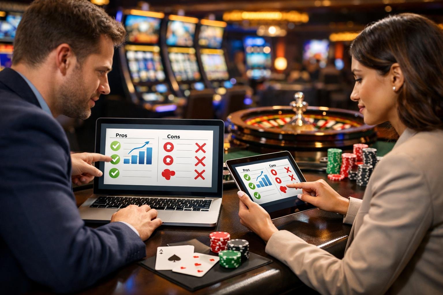 People Analyzing Casino Data On Electronic Devices In A Modern Casino With Slot Machines And Gaming Tables In The Background.